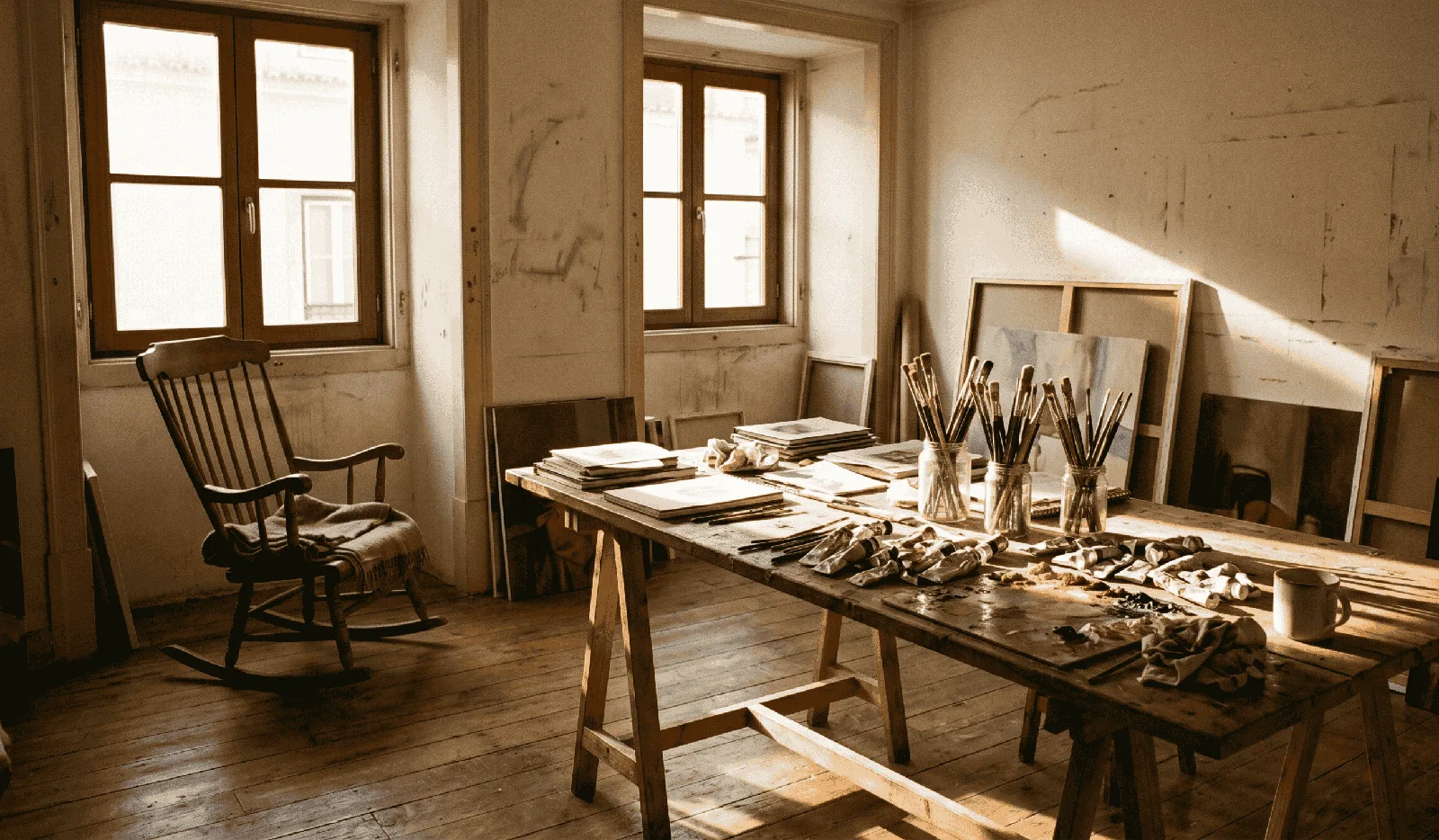 Afternoon light through west-facing windows of a borrowed studio, Alfama, Lisbon