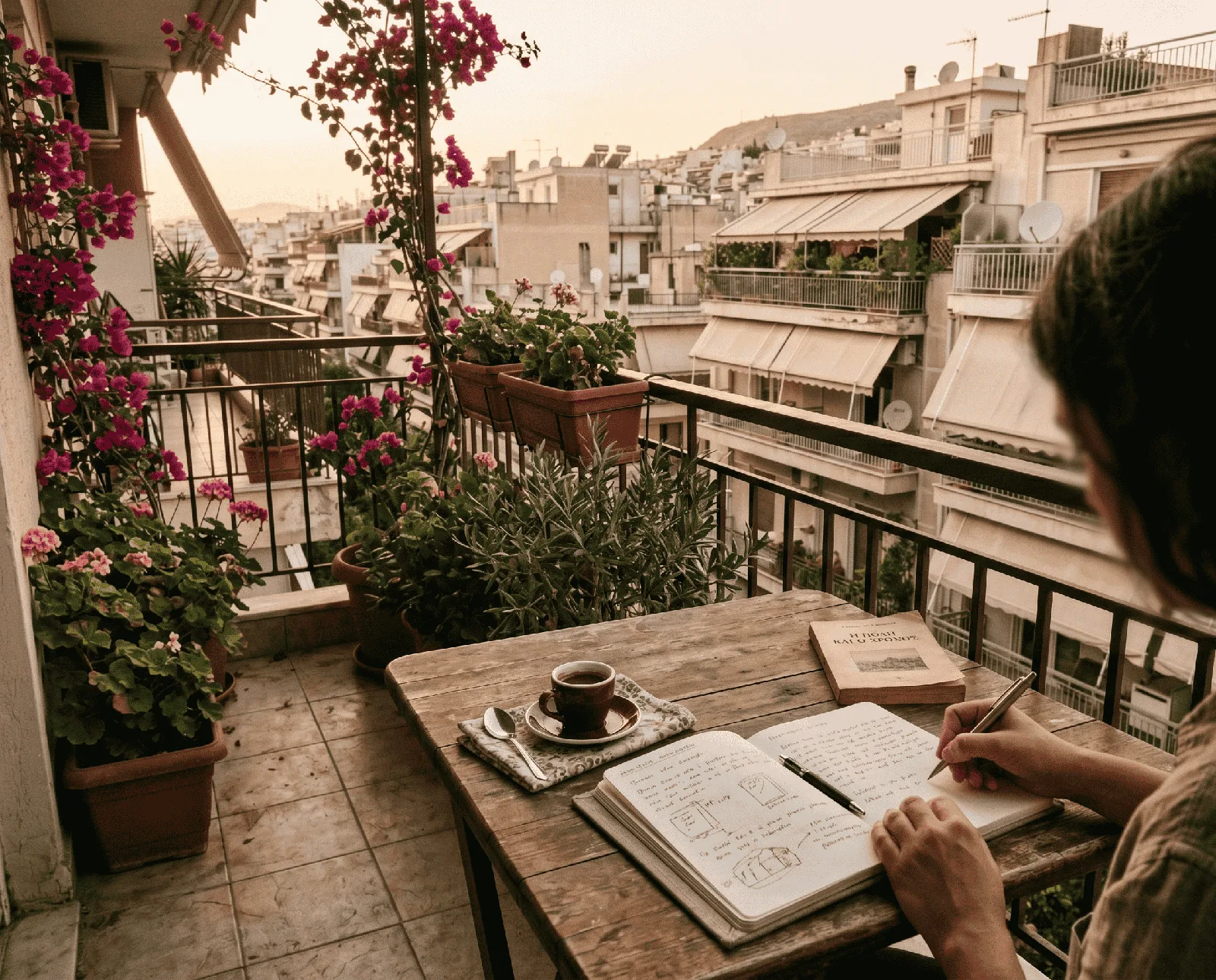 A balcony workspace in late afternoon light, Koukaki, Athens