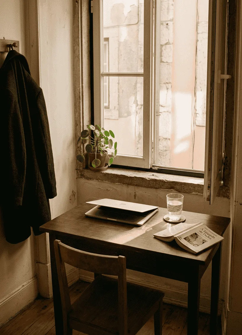 A plain desk in afternoon light, a narrow street visible through the window, Naples