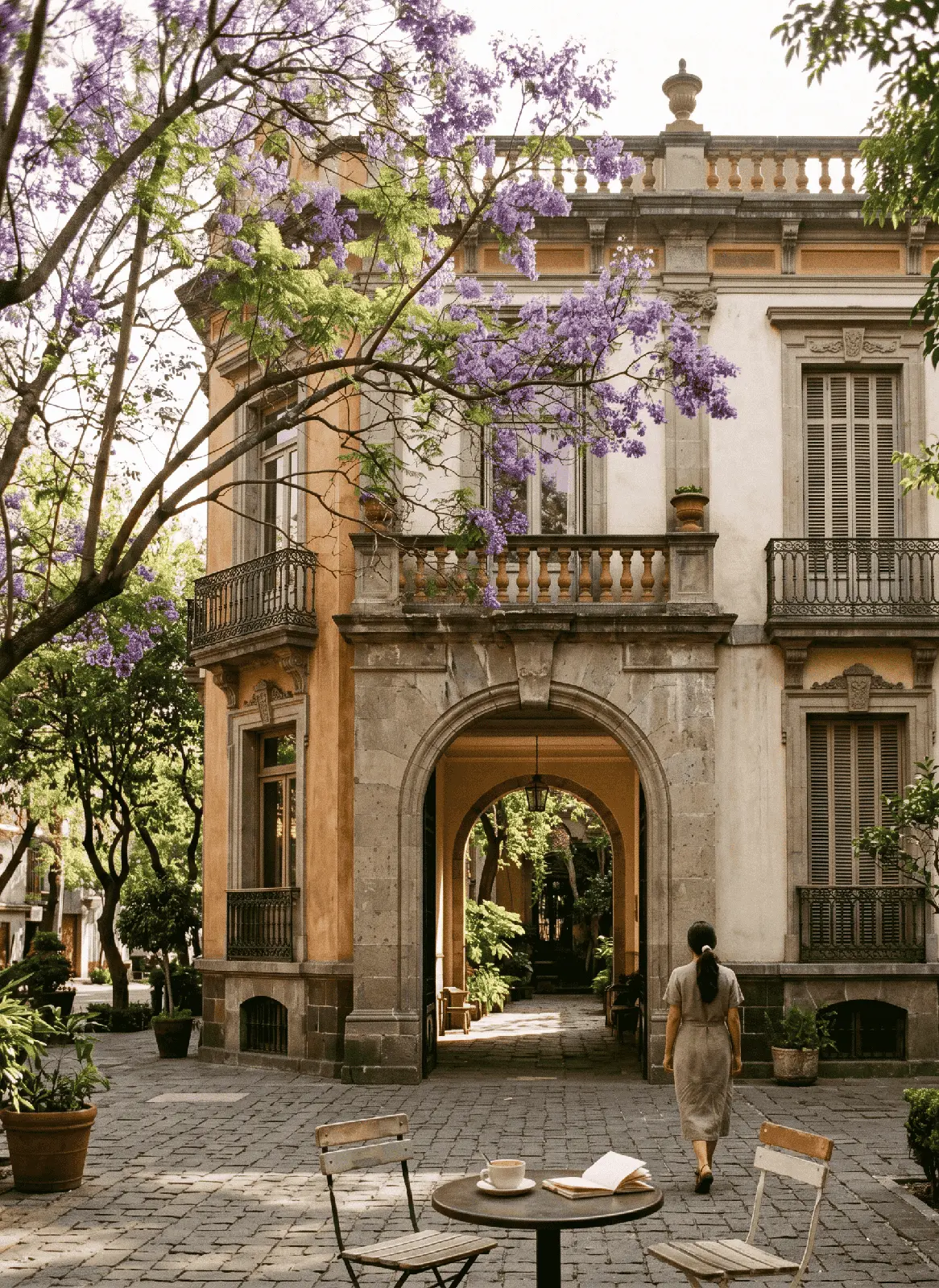 Plaza Río de Janeiro with jacaranda in bloom, Roma Norte, Mexico City