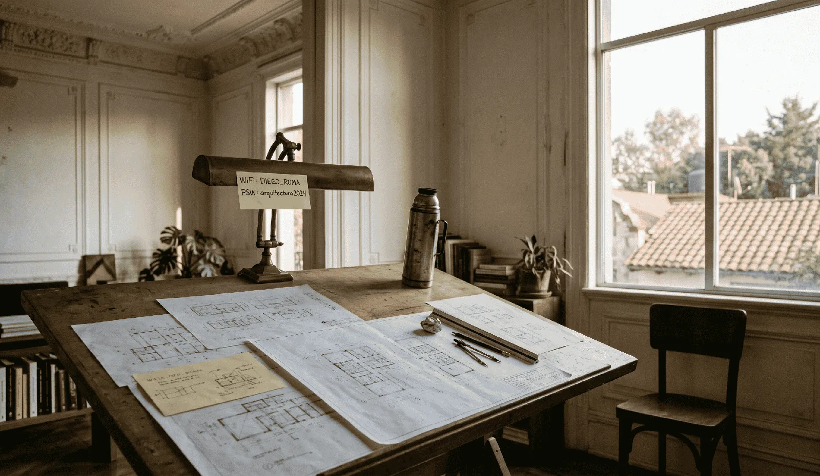 A plain desk pushed against a bare white wall, single lamp, Bangkok
