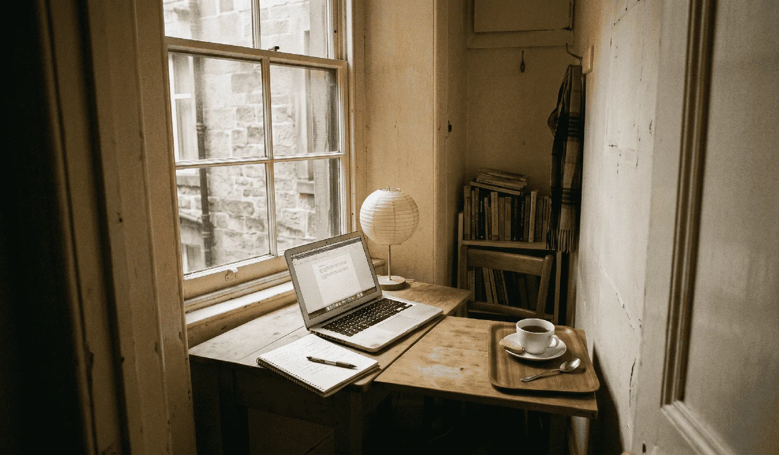 A converted scullery used as a workspace, soft diffuse light, Govanhill, Glasgow
